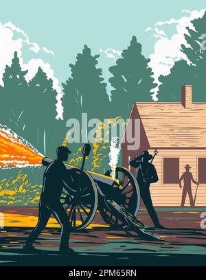 WPA-Plakatkunst von Union-Soldaten, die eine M1857 12-Pfünder-Napoleon-Kanone in einer Abfeuerung abfeuern, Demonstration von Kampfgewehren oder Feldartill aus der Zeit des Bürgerkriegs Stockfoto