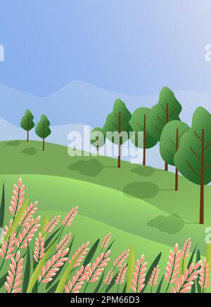 Landschaft mit Bäumen und Blumen. Vektorzeichnung in flacher Form mit Verläufen. Stock Vektor