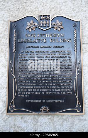 Saskatchewan Legislative Building Plaque in Regina, Saskatchewan, Kanada Stockfoto