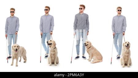 Blinder Mann mit langem Stock und Blindenhund auf weißem Hintergrund. Bannerdesign Stockfoto