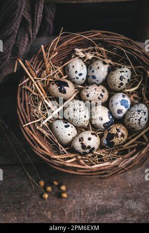 Frische Wachteleier in einem Korb Stockfoto