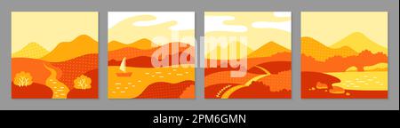 Herbstfelder und Hügel im Herbst. Abstrakte Naturlandschaft flaches, minimalistisches Design für Poster, Cover, Postkarten, Cover-Vorlagen. Orangefarbene gelbe Horizon With Cartoon-Vektordarstellung Stock Vektor