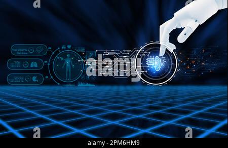 Roboterhand und medizinische künstliche Intelligenz. Medizinische Diagnose AI. Gesundheitstechnik. KI-Diagnose. Gesundheitsdiagnosetechnik. Big-Data-Gesundheitswesen. Stockfoto