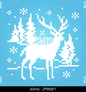 8-Bit-Pixel-Hirsch auf Schnee. Tiere für Asset-Spiele in Vektorbildern. Hirsche im Winter für Kreuzstich-Muster. Stock Vektor