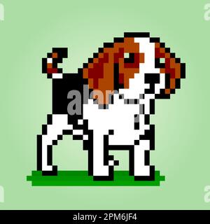 8 Bit Pixel Beagle-Hunde. Tiere für Asset-Spiele in Vektorbildern. Muster für Kreuzheftung. Stock Vektor