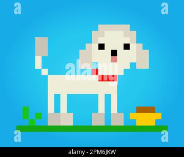 8 Pixel Pudelhund mit Futter. Tier für Asset-Spiele in Vektorbildern. Muster für Kreuzheftung. Stock Vektor