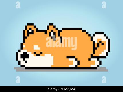 8 Bit Pixel Shiba Inu Dog schläft. Tierpixel für Asset-Spiele oder Cross-Stitch-Muster in Vektorabbildungen. Stock Vektor