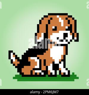 8 Bit Pixel Beagle-Hunde sitzen. Tiere für Asset-Spiele in Vektorbildern. Muster für Kreuzheftung. Stock Vektor