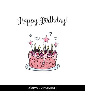 Glückwunschkarte zum Geburtstag. Lustiger Kritzelkuchen mit Kerzen. Viereckiges Postkartendesign für Geburtstagsfeiern. Vektor farbenfrohe, von Hand gezeichnete Kindheitstagszeichnung Stock Vektor