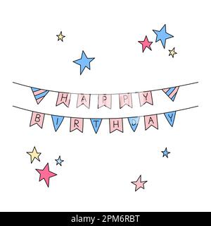 Glückwunschkarte zum Geburtstag. Lustige Kritzeleien. Viereckiges Postkartendesign für Geburtstagsfeiern. Vektor farbenfrohe, von Hand gezeichnete Kindheitstagszeichnung Stock Vektor