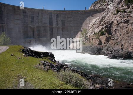 Eine Flut von Wasser schießt aus dem Boden des Gibson Dam, Sonne-River-Canyon, Mt. Stockfoto