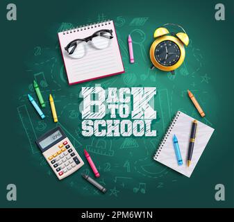 Back-to-School-Vektorkonzept-Design. Text für den Schulanfang mit Lehrmaterial für Schüler auf schwarzem Brett. Vektordarstellung zurück Stock Vektor