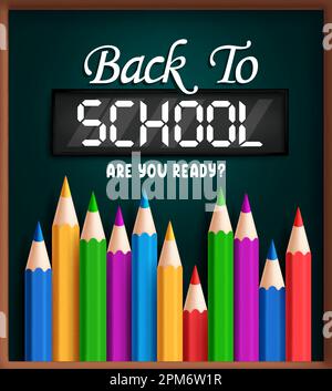 Back-to-School-Vektordesign. Text „Zurück zur Schule“ mit bunten Buntstiften auf dem Hintergrund des Schwarzen Bretts. Bildungs-Design für Vektorgrafiken. Stock Vektor