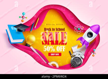 Banner für den "Zurück in die Schule"-Vektorverkauf. Text für „Back-to-School-Sonderangebot“ mit Aktionsrabatt für pädagogische Artikel und Verbrauchsmaterialien. Vektordarstellung Stock Vektor