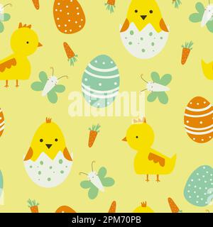 Nahtloses Ostermuster im Cartoon-Stil. Farbenfrohes Kinderspiel mit Eiern, Vögeln und Blumen. Kreative Babystruktur für Stoff, Papier Stock Vektor