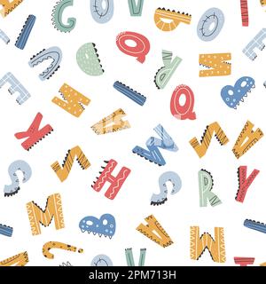 ABC-Nahtloses Muster im einfachen Cartoon-Stil. Süßes Dinosaurier-Alphabet – handgezeichnetes, kindliches, nahtloses Muster. Stock Vektor