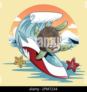 Schildkrötensurfen mit Surfbrett und Seesternen. Vektordarstellung. Stock Vektor