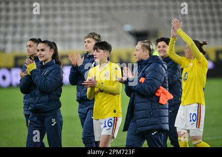 Rumänien nationales Fußballspiel der Frauen am Ende des Spiels Rumänien gegen Marocco , 12.04.2023, Stadion Arcul de Triumf , Bukarest , Cristi Stavri Stockfoto