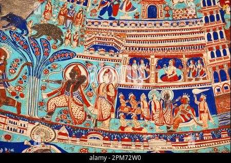 Mythologische Gemälde an der Deckenkuppel von Seth RAM Gopal Poddar Chhatri. 500 Wandbilder, die das Leben von Lord RAM und Lord Krishna zeigen, erbaut vor 150 Jahren Stockfoto