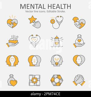 Symbole für psychische Gesundheit, wie Spende, Wohltätigkeit, Empathie, Integrität und mehr. Vektordarstellung auf weiß isoliert. Bearbeitbare Kontur. Stock Vektor