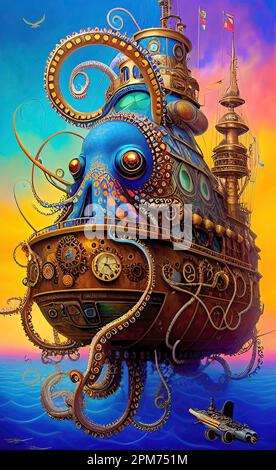 Steampunk Flying Octopus Schiff Stockfoto