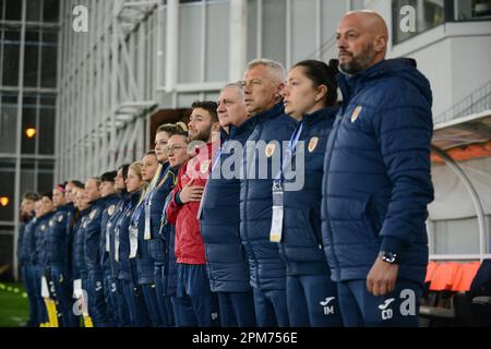 Cristian Dulca Trainer von Rumänien Frauen-Fußballmannschaft während des freundlichen Fußballspiels Rumänien gegen Marocco 12.04.2023, Stadion Arcul de Triumf, Bukarest Stockfoto