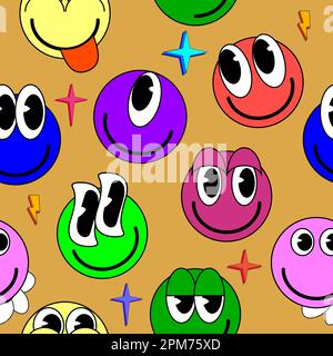 Smiley-Gesichter, Aufkleber, trügerisches, nahtloses Muster. Trendiger Retro-Hintergrund Stock Vektor