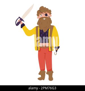 Ein Piratenkapitän, fröhliche Zeichentrickfigur, die auf Handzeichen zeigt. Stock Vektor