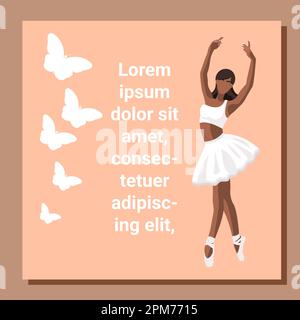 Entwurf von Theaterkarten. Ballett-Flyer-Vorlage. Gesichtslose Ballerina-Silhouette im weißen Tutu und pointe-Schuh mit Schmetterling. Beigefarbenes Kartendesign mit Text im Kopierbereich. Vektordarstellung Stock Vektor
