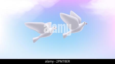 3D Abbildung von zwei Tauben, die am Himmel fliegen. Symbol des Friedens, der Religion und der Freundschaft, zeigt stilisierte Illustration Stock Vektor