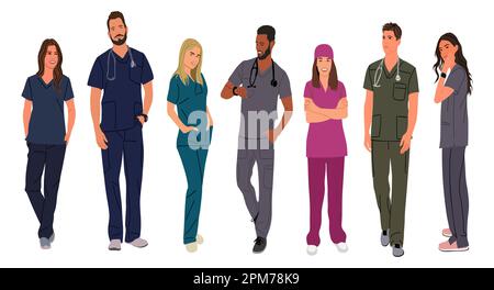 Ein Satz lächelnder Ärzte, Krankenschwestern, Sanitäter-Vektor. Stock Vektor
