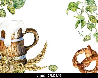 Rahmen aus Holz Pint Bier, Brezel, Roggenstrauß Aquarell Illustration isoliert auf Weiß. Hopfenrebe, Weizenohr von Hand gezeichnet. Design zur Werbung für Bier f Stockfoto