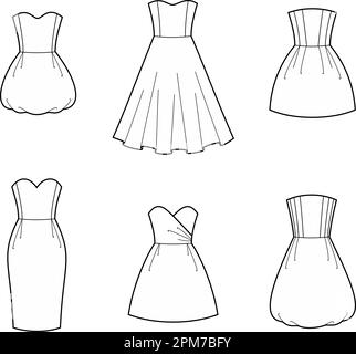 Kleid für Frauen mit ausgestelltem Aufdruck. Mode-CAD. Stock Vektor