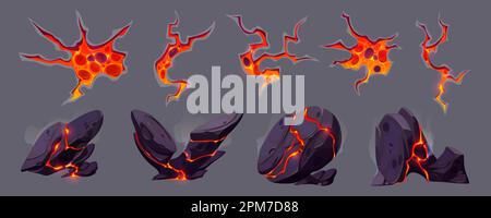 Vulkanische Bodenstruktur mit Lava in Rissen und gebrochenen Steinen. Vulkanische Felsen mit Lichteffekt in Rissen und Landoberflächenbrüche mit heißem Magma, Vektorgrafik Stock Vektor