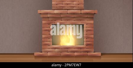 Ein alter Kamin mit Kamin und Kamin in der Inneneinrichtung. Leerer Raum mit Holzfußboden und Backsteinherd mit Kaminsims und brennender Flamme, Vektor realistische Illustration Stock Vektor