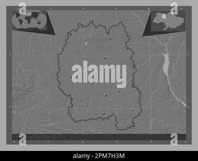 Zhytomyr, Region der Ukraine. Bilevel-Höhenkarte mit Seen und Flüssen. Standorte der wichtigsten Städte der Region. Eckkarten für zusätzliche Standorte Stockfoto