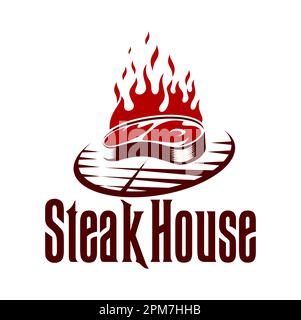 Steak Grill Icon, Barbecue Party oder bbq Restaurant Fleisch Speisekarte. Vektorfleisch oder Schweinefleisch, Feuerflamme, Rost oder Gitter des Holzkohlegrills isoliertes Symbol von Stock Vektor