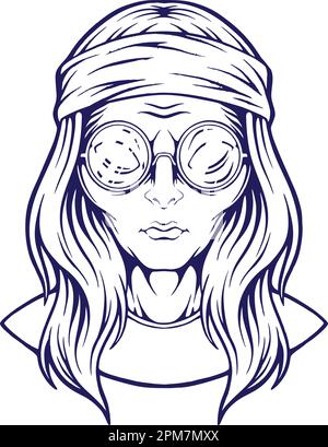 Abgefahrene Hippie-Alien-Kopfband-Illustrationen Silhouettenvektor für dein Arbeitslogo, Merchandise-T-Shirt, Aufkleber und Etikettendesigns, Poster, Gruß Stock Vektor