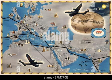 TWA Trans World Airline. USA Flugstrecken Europa Afrika Asien. Künstler unbekannt. Poster wurde 1948 in den USA veröffentlicht. Stockfoto