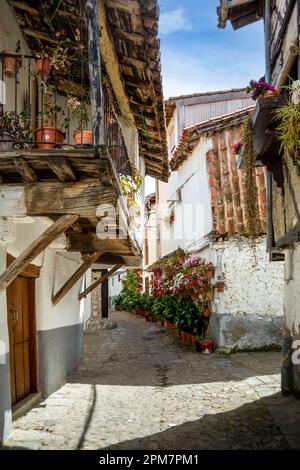 Vertikale Ansicht einer Straße im jüdischen Viertel der Stadt HERVs in der Provinz Cceres, Spanien mit seinen engen weißen Straßen und seinem typischen wo Stockfoto