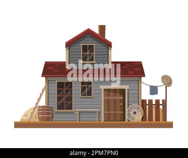 Die Western Wild West Stables, das Landstädtebau oder die Pferdescheune, die texanische Vektor-Cartoon-Architektur. American Country oder Wild West Cowboypferde Stall o Stock Vektor