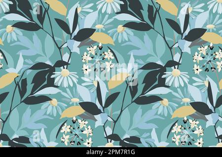 Nahtloses Vektormuster mit Blumenmuster. Blüten mit isolierten Blättern auf türkisfarbenem Hintergrund. Stock Vektor