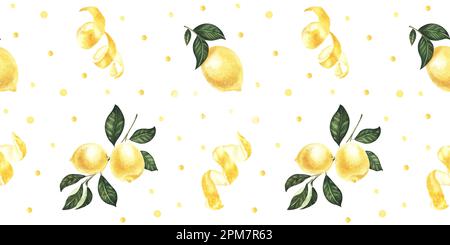 Aquarelle Zitronenfrucht. Handbemalte saure Zitrone mit Samen und Schale. Saftige Zitronen, nahtloses Muster. Helles Sommerdesign. Stockfoto