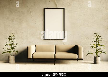 Modell eines Leinenrahmens mit braunem Sofa. Minimalistischer Raum. 3D Abbildung Stockfoto