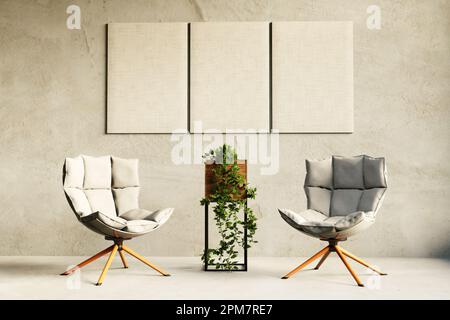 Stilvolles Innendesign des Esszimmers mit Stühlen, grüner Pflanze im Topf, Papprahmen an der Betonwand. Vorlage. Inneneinrichtung. 3D Illustration Stockfoto