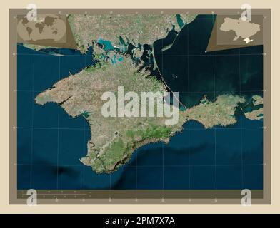 Krim, autonome republik Ukraine. Hochauflösende Satellitenkarte. Eckkarten für zusätzliche Standorte Stockfoto