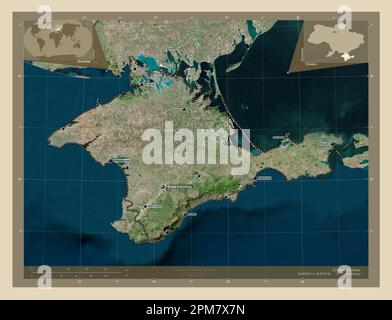 Krim, autonome republik Ukraine. Hochauflösende Satellitenkarte. Standorte und Namen der wichtigsten Städte der Region. Lage der Zusatzgeräte an der Ecke ma Stockfoto