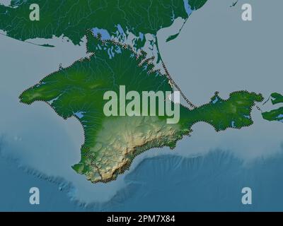 Krim, autonome republik Ukraine. Farbige Höhenkarte mit Seen und Flüssen Stockfoto