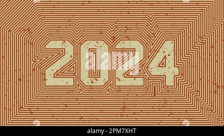 2024 Neujahrskarte. Retro-70s-Streifendesign. Alte, verblasste, gestreifte Schilder Stock Vektor