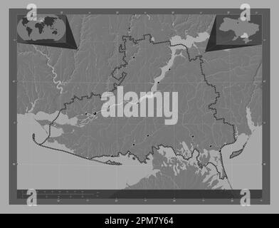 Kherson, Region der Ukraine. Bilevel-Höhenkarte mit Seen und Flüssen. Standorte der wichtigsten Städte der Region. Eckkarten für zusätzliche Standorte Stockfoto